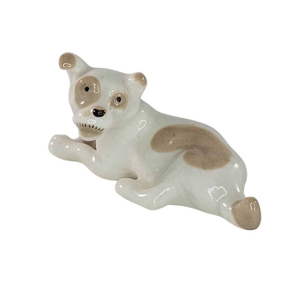 Lomonosov Terrier Dog Miniature Figurine Porcelain Head Turned Laying Down